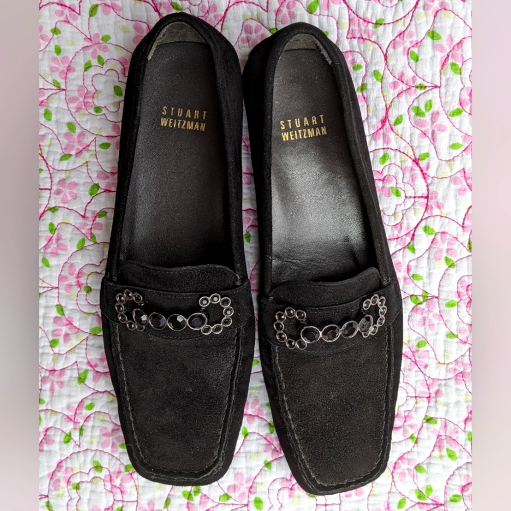 Stuart Weitzman 'Murphy Moc' Black Suede Loafers Size 7 Crystal Embellished